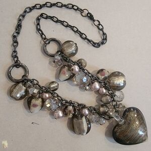 #Vintage #Boho Lampwork Glass Heart Pendant Necklace Smoky Gray Pearls Crystals